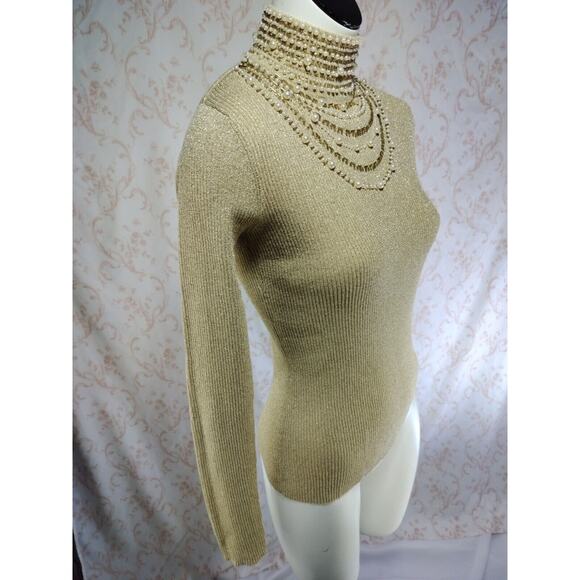 Gold Metallic Mock Neck Sweater, Size S - Picture 3 of 10